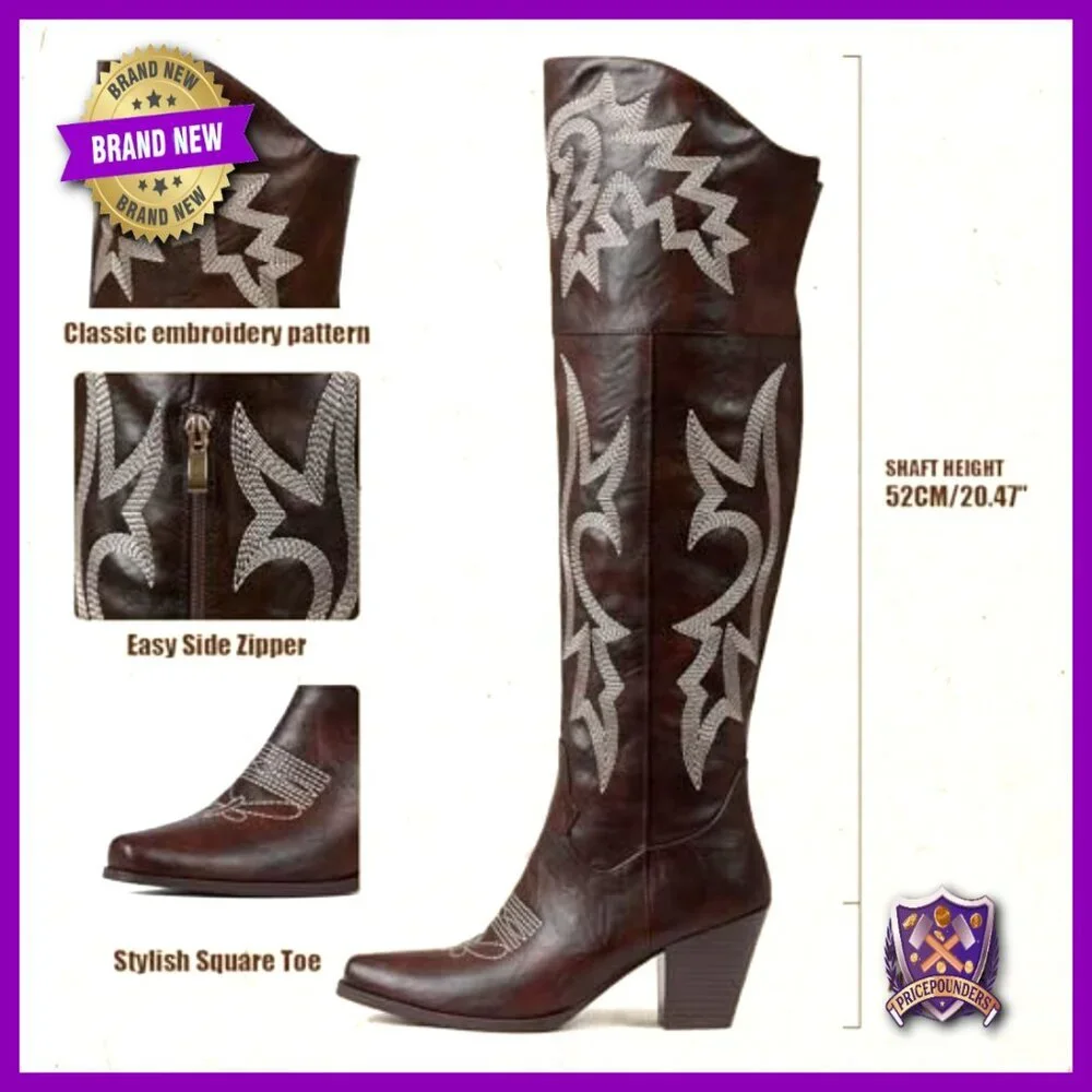 Over The Knee Cowboy Boots Pointed Toe Chunky Heel Embroidered Western